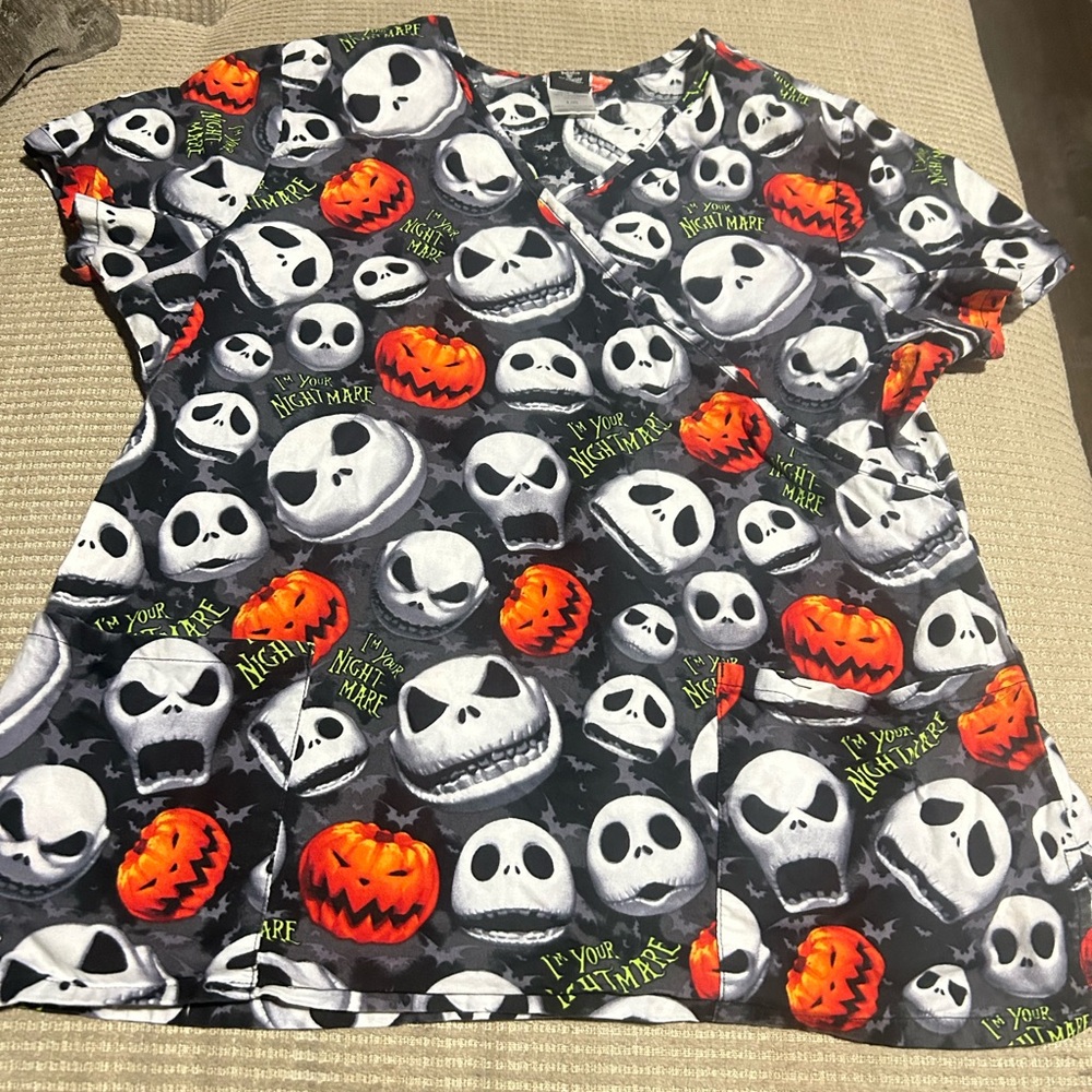 Disney Black, White & Orange Jack Skellington Halloween scrub top
